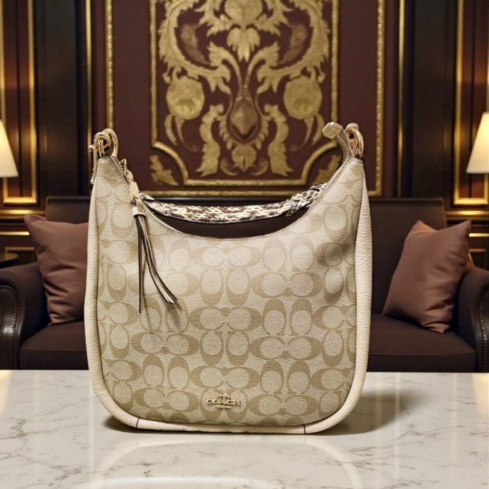 COACH Jules Hobo in Signature Canvas — Light Khaki/Ivory + Snakeskin Trim - Picture 5 of 7